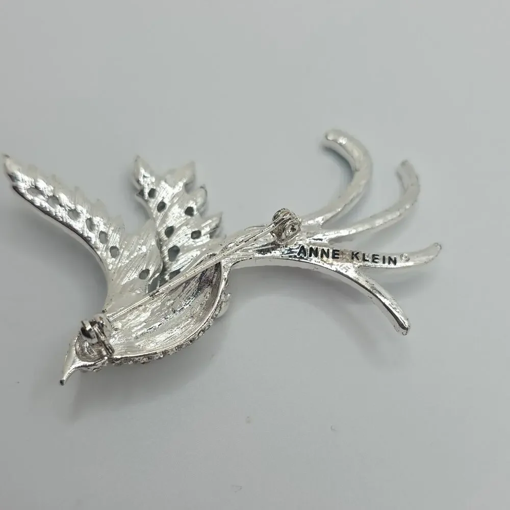 Anne Klein Signed Bird Brooch Silver Tone Blue Rhinestone Enamel